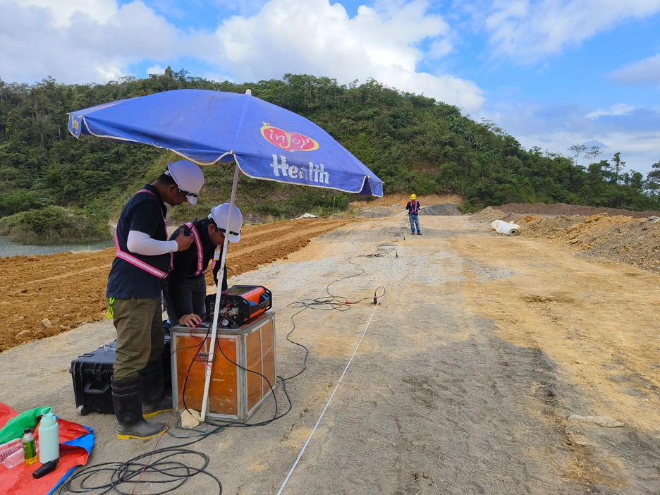 MEGA Philippines team conducting a MASW seismic survey for an embankment investigation